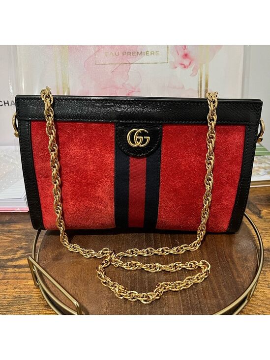 Gucci Handbags - Gucci Ophidia Red Suede Black Leather Chain Med Bag